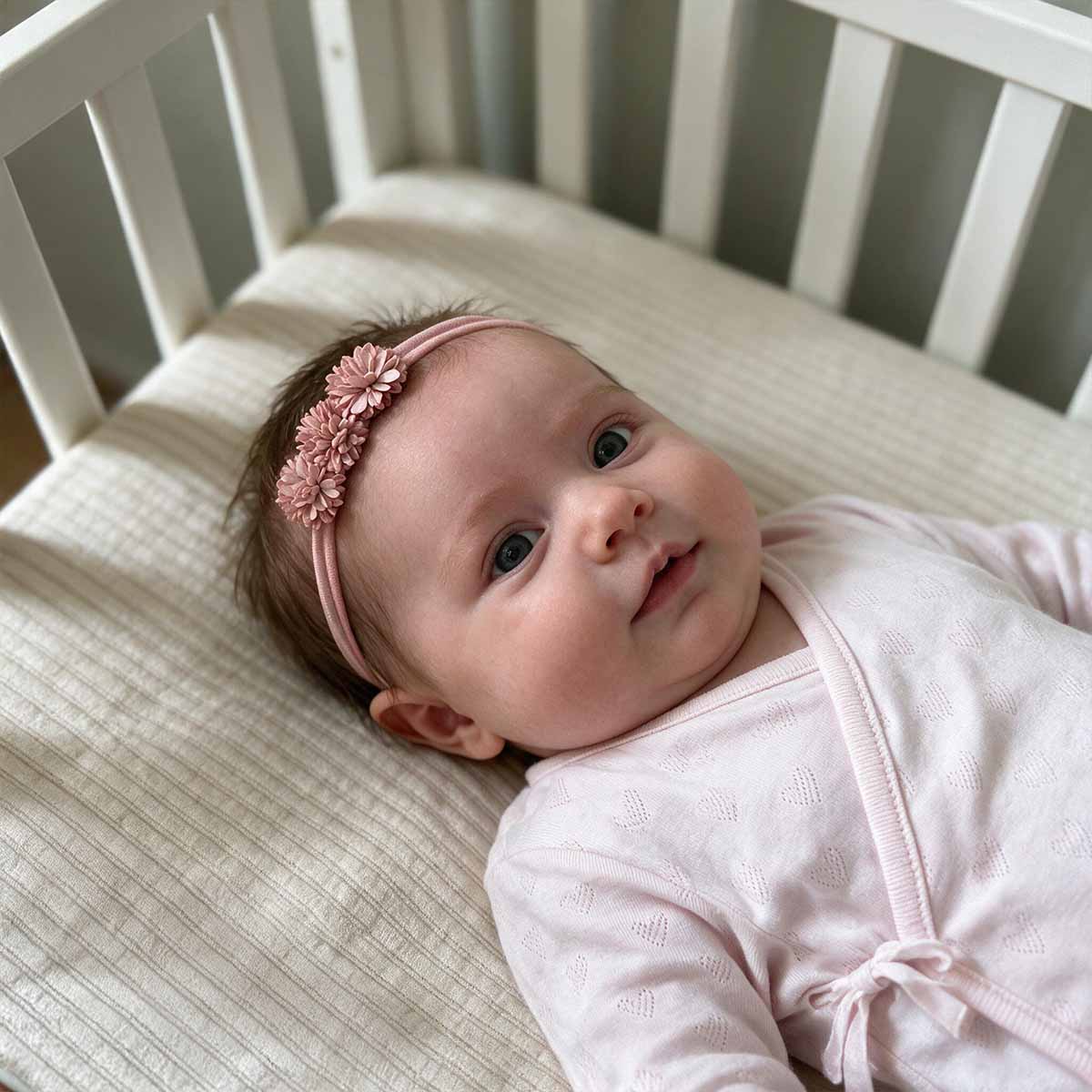 Baby in bedje met een roze bloemen haarbandje