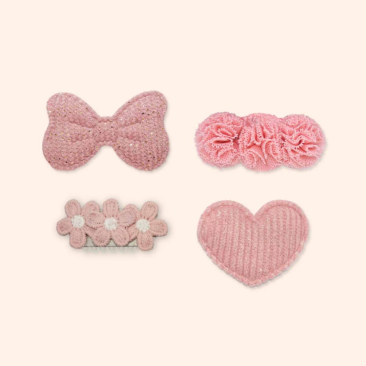 Roze haarspeldjes met strikje, bloemetjes en hartje