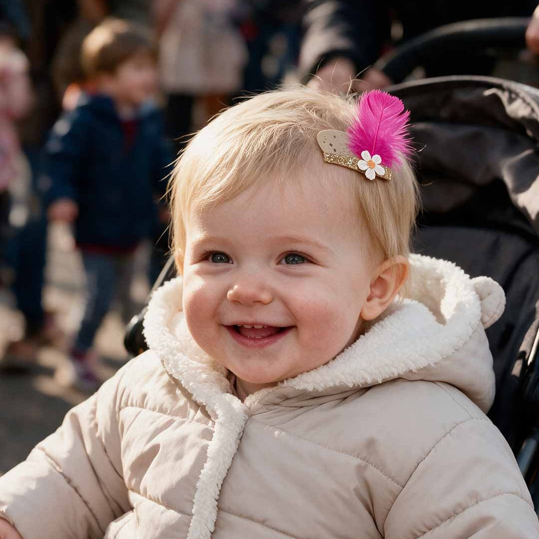 Lachend meisje met een Pietenspeldje met roze veer